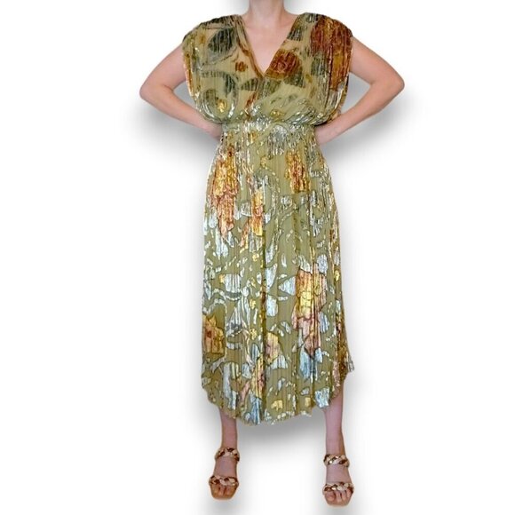 CO. Hand Painted Watercolor French Velvet Pleated Midi‎ Dress - Picture 2 of 10